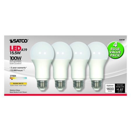 SATCO A19 E26 (Medium) LED Bulb Warm White 100 Watt Equivalence 4 pk S28789